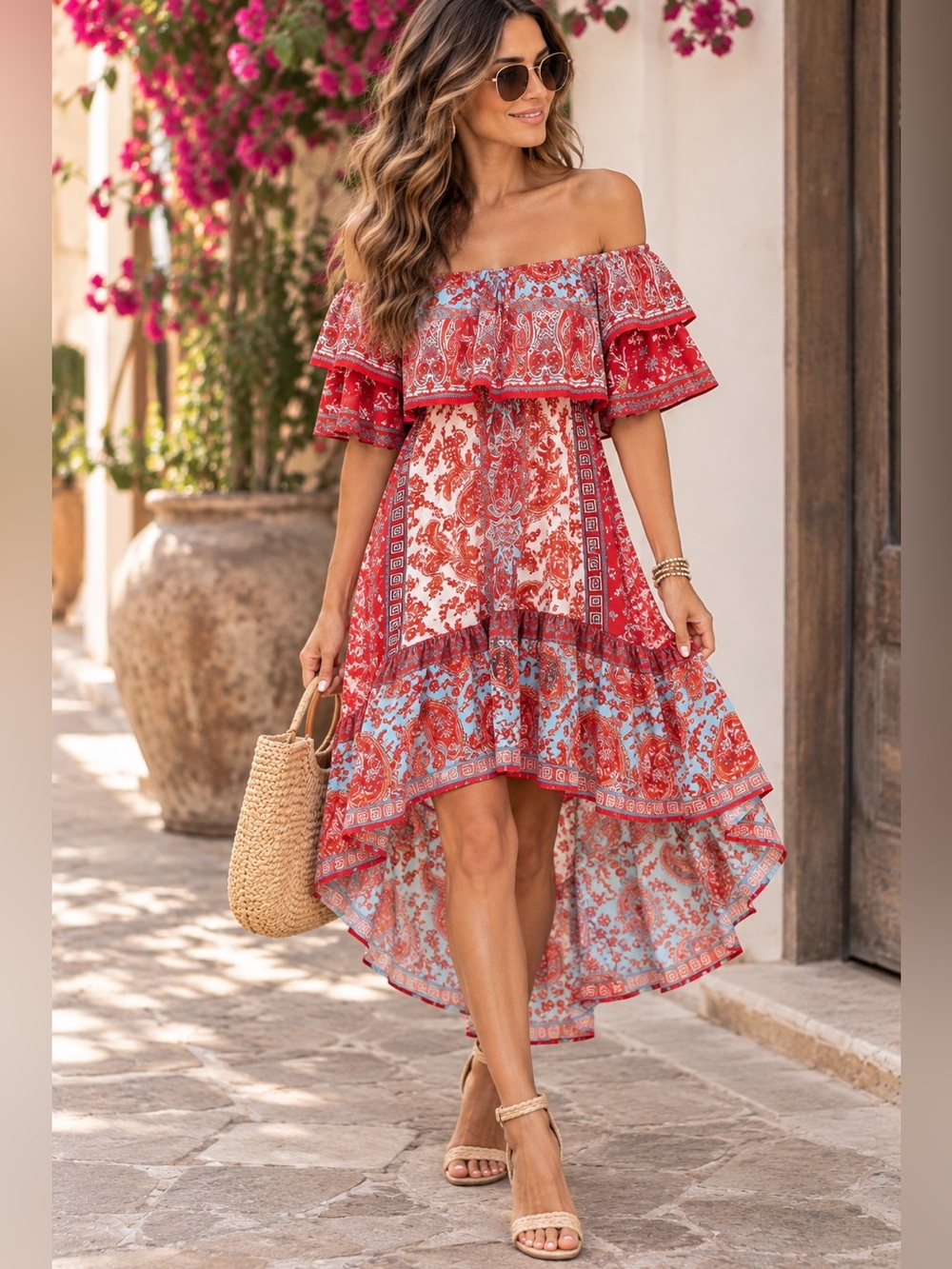 VICi Hi LO Maxi Dress Off the Shoulder with Halter Tie and Flutter Sleeves SZ S